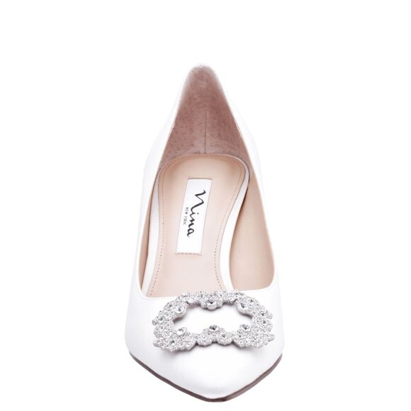 Nina Shoes - Nina Neya Satin Mid-Heel Wedding Dainty Lux Twee Pump W/ Jeweled Buckle Ivory 10